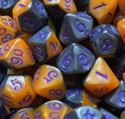 Half-Half Dice Orange & Black  7-Dice Set DND RPG Dice Purple Ink Halloween