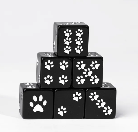 Black Cat Paw Dice Opaque w/White Paw Prints 16mm d6 Dice (sold per die)