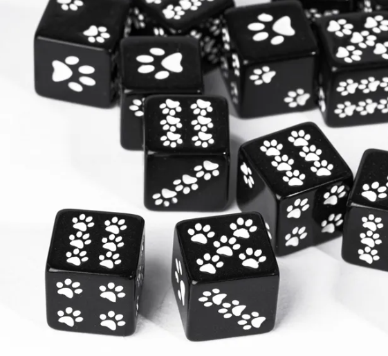 Black Cat Paw Dice Opaque w/White Paw Prints 16mm d6 Dice (sold per die)