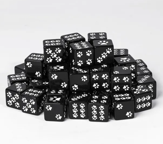 Black Cat Paw Dice Opaque w/White Paw Prints 16mm d6 Dice (sold per die)