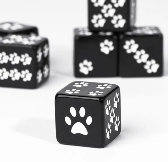 Black Cat Paw Dice Opaque w/White Paw Prints 16mm d6 Dice (sold per die)