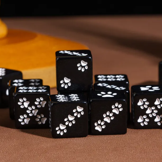 Black Cat Paw Dice Opaque w/White Paw Prints 16mm d6 Dice (sold per die)