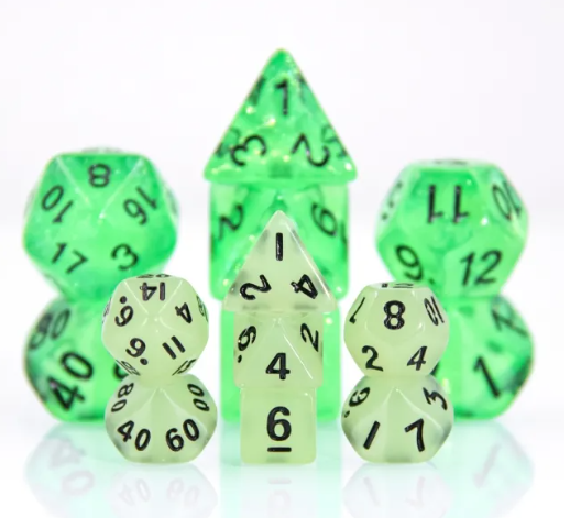 Green Glow 7-Dice Mini-Dice RPG Set Glow-in-Dark Miniature Dice