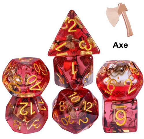 Translucent Red & Clear Barbarian-Style 7-Dice Set Gold Axe Inside