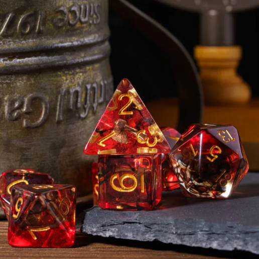 Translucent Red & Clear Barbarian-Style 7-Dice Set Gold Axe Inside
