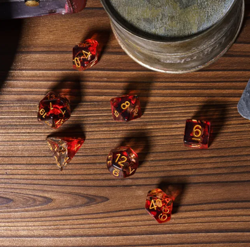 Translucent Red & Clear Barbarian-Style 7-Dice Set Gold Axe Inside