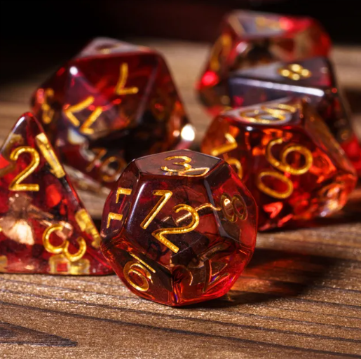 Translucent Red & Clear Barbarian-Style 7-Dice Set Gold Axe Inside