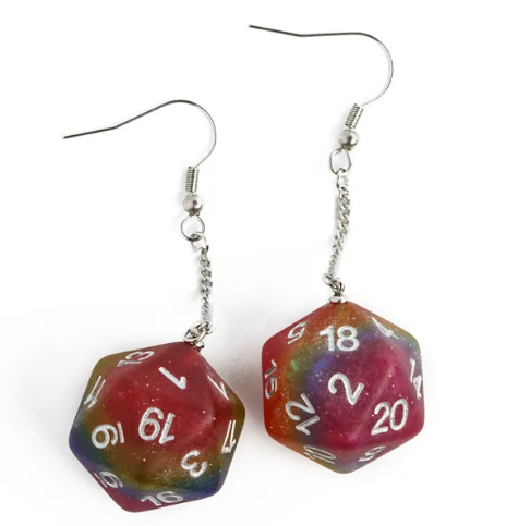 Rainbow Glitter Dice Earrings: D20 Dice Spinning Colors Nerdy RPG Jewelry