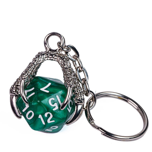 Claw Green D20 Keychain Featuring Silver Metal Dragon Claw + d20
