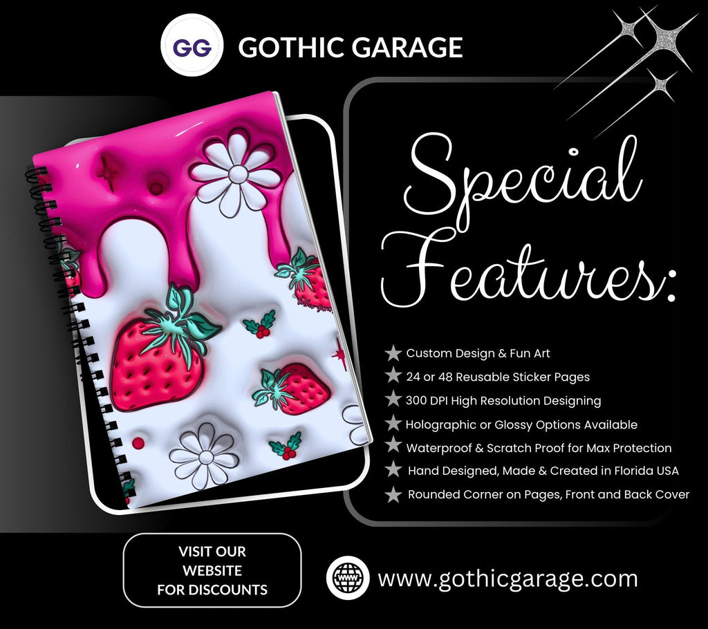 3D Stawberries Reusable Sticker Book, Sticker Album and Organizer, Kid Friendly and Waterproof