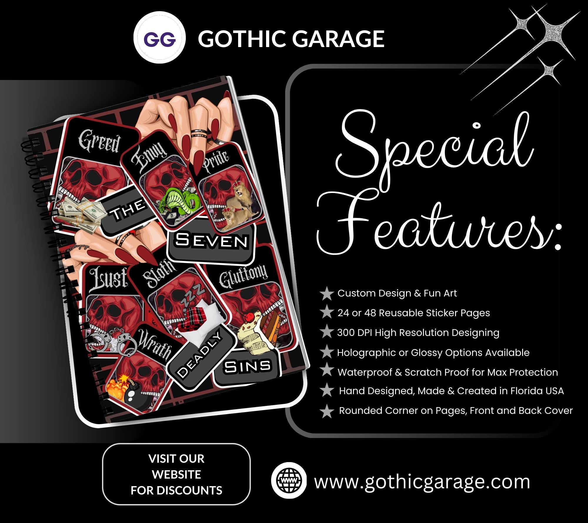 7 Deadly Sins Reusable Sticker Book, Gothic Vibe Sticker Album, Perfect Gift to Personalize for Goth Lovers & Sticker Collectors