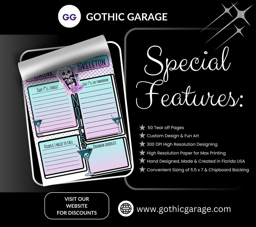 Gothic Kawaii Drunk Skeleton Notepad, Goth Stationery for Taking Notes or Task Management, Perfect Personalized Birthday Gift