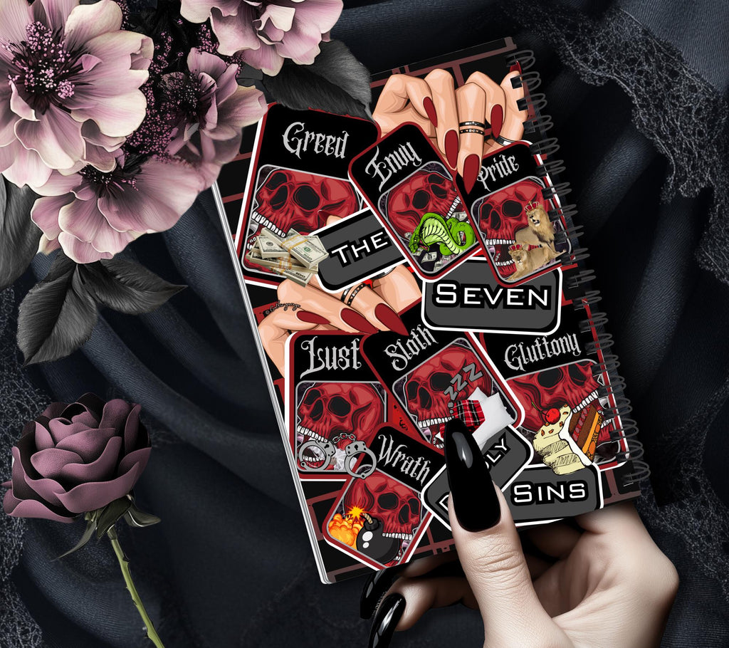 7 Deadly Sins Reusable Sticker Book, Gothic Vibe Sticker Album, Perfect Gift to Personalize for Goth Lovers & Sticker Collectors