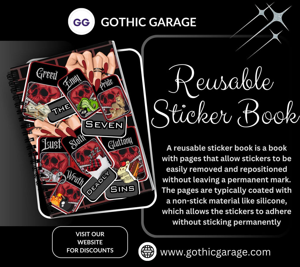 7 Deadly Sins Reusable Sticker Book, Gothic Vibe Sticker Album, Perfect Gift to Personalize for Goth Lovers & Sticker Collectors