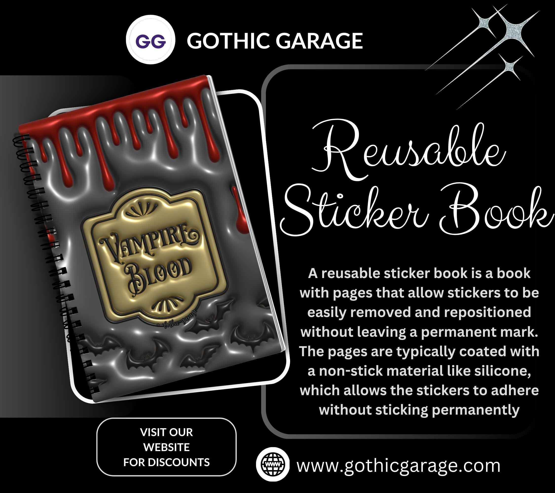 Gothic Vampire Blood Reusable Sticker Book, Gothic Vibe Sticker Album, Perfect Gift to Personalize for Goth Lovers & Sticker Collectors