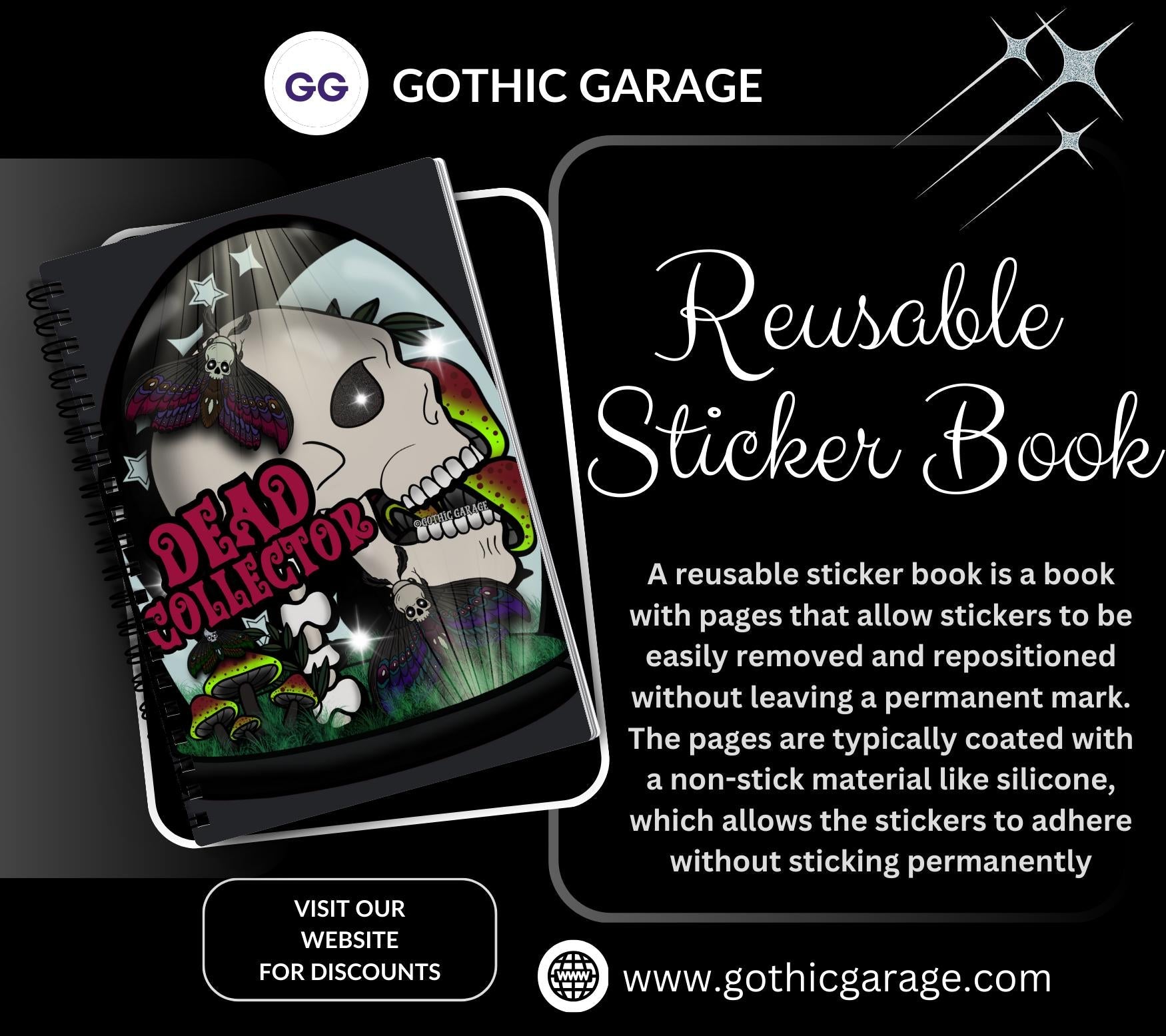 Dead Collector Reusable Sticker Book -  9x6 Album for Organizing your Oddities & Curiosities Stickers, Choose Glossy or Holographic