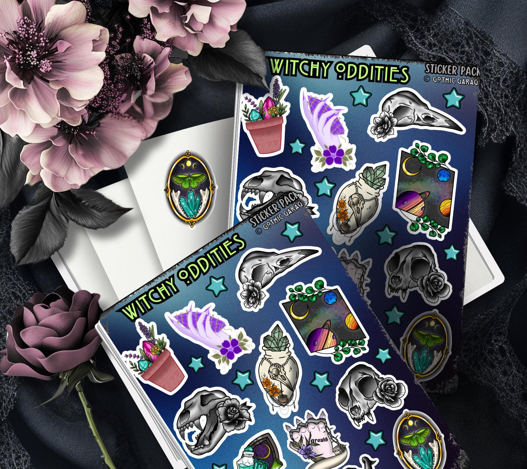 Gothic Witchy Oddities Sticker Sheet, Aesthetic Skulls, Mystical Moons & Plants - Perfect for Scrapbooking and Collecting