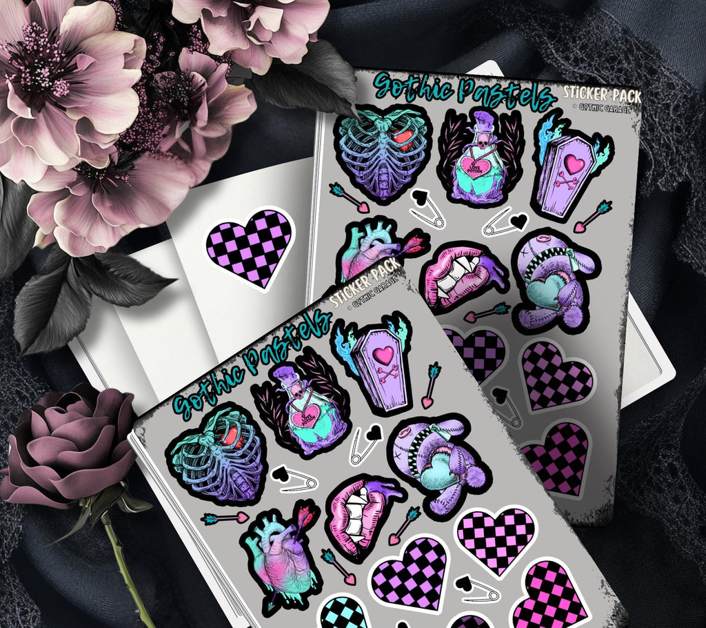 Gothic Pastel Hearts Sticker Sheets for Collecting and Scrapbooking - High-Quality, Vibrant Designs, Perfect Budget Friendly Gifts