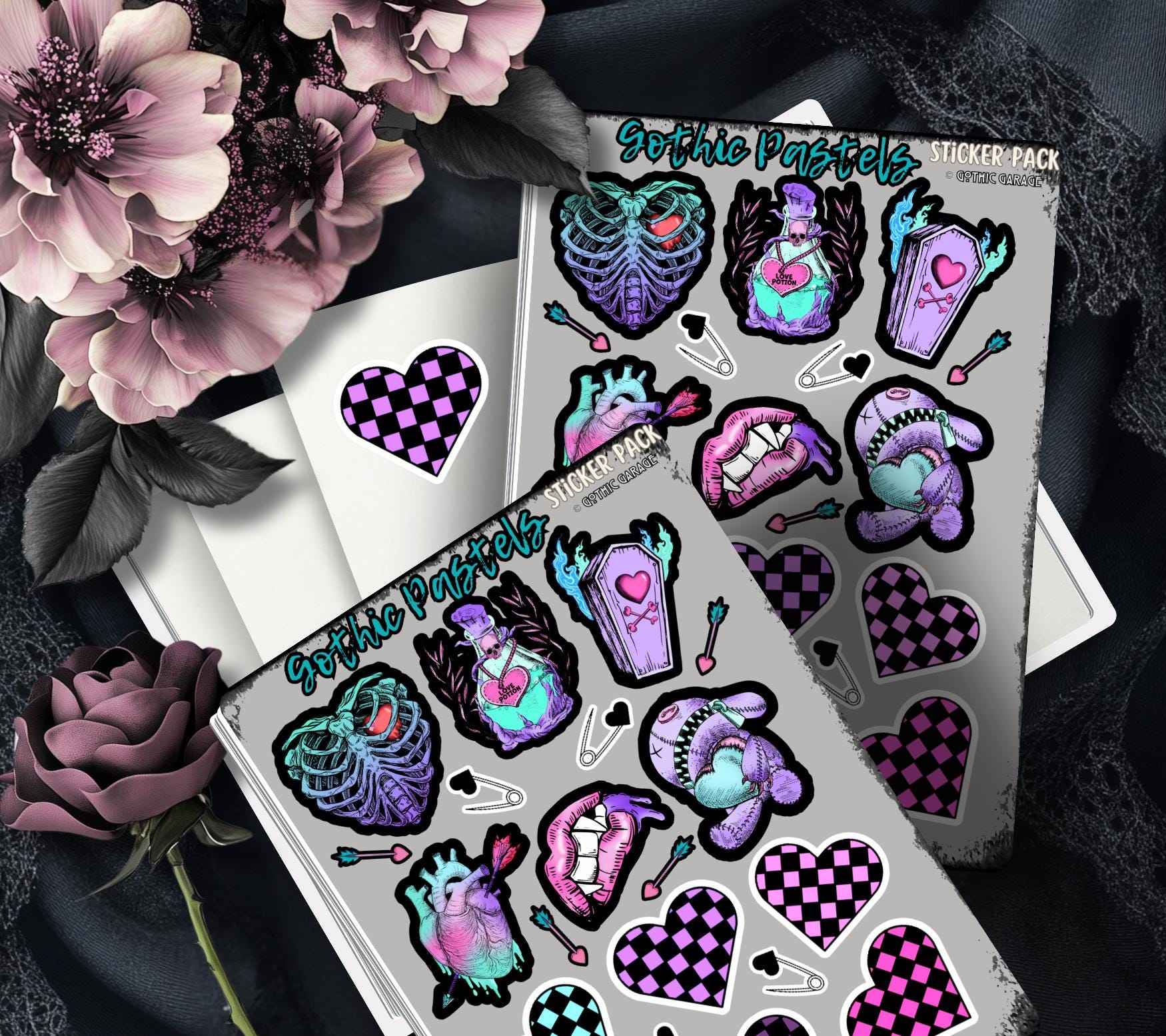 Gothic Pastel Hearts Sticker Sheets for Collecting and Scrapbooking - High-Quality, Vibrant Designs, Perfect Budget Friendly Gifts