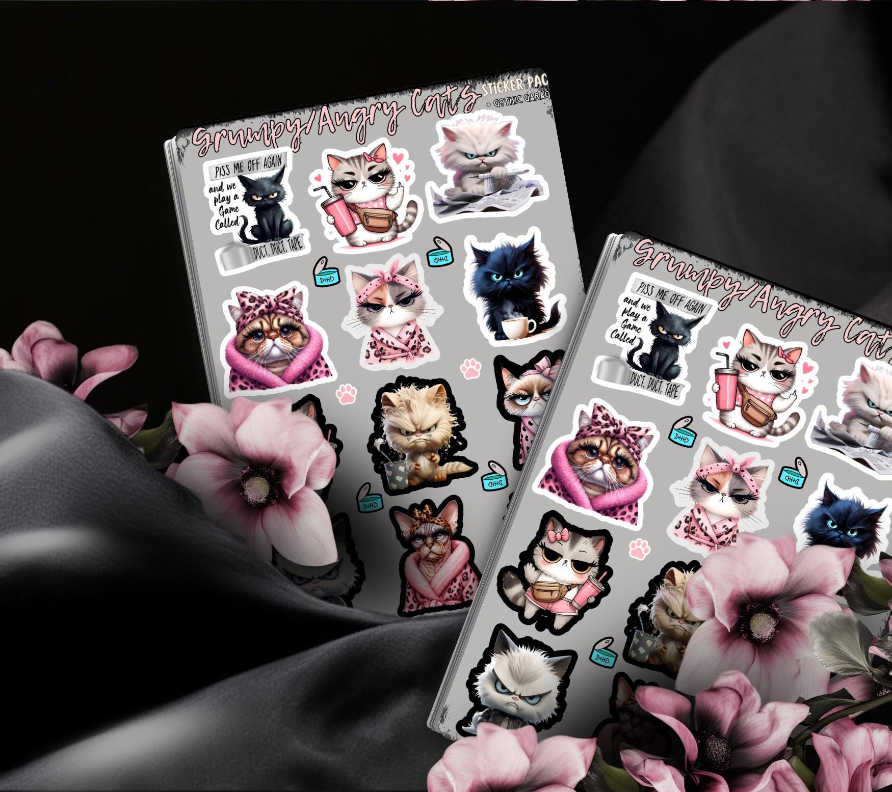 Angry/Grumpy Cartoon Cats Sticker Sheets for Collecting and Scrapbooking - High-Quality, Vibrant Designs, Perfect Budget Friendly Gifts