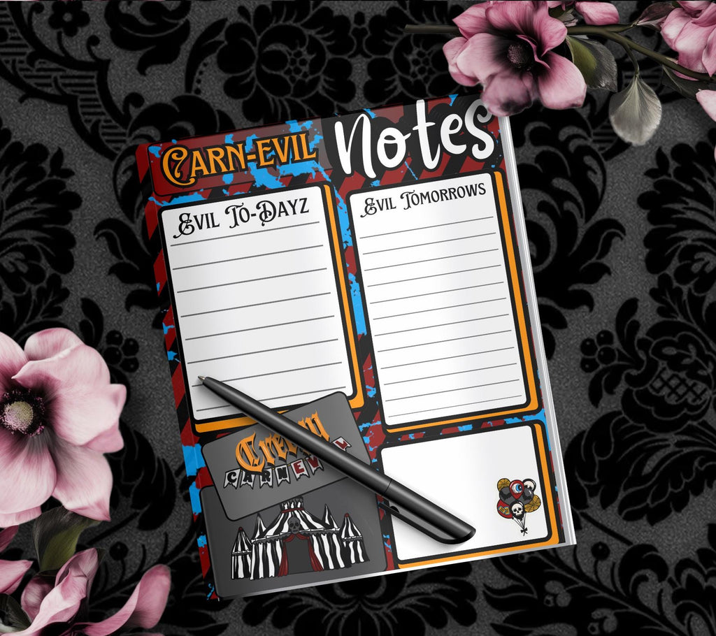 Carn-Evil Notes Tear-Off Notepad – 50 Sheets of Creepy Carnival-Themed To-Do Lists for Spooky Planners & Horror Fans