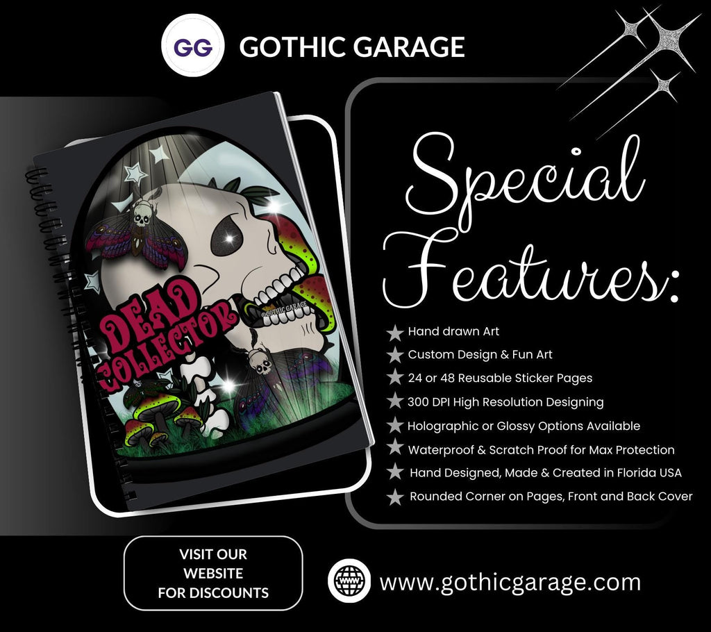 Dead Collector Reusable Sticker Book -  9x6 Album for Organizing your Oddities & Curiosities Stickers, Choose Glossy or Holographic