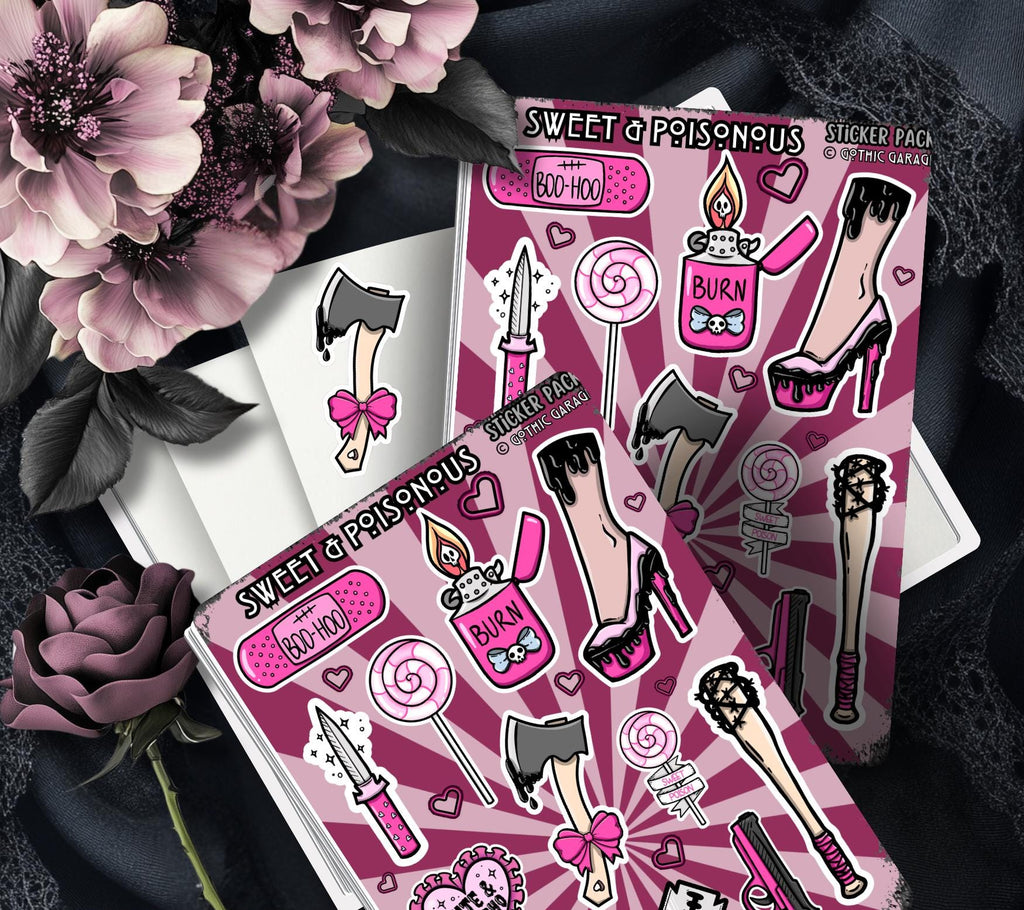 Gothic Sweet & Poisonous Sticker Sheet – Pretty in Pinky, Deadly in Action!  - Perfect for Scrapbooking and Collecting