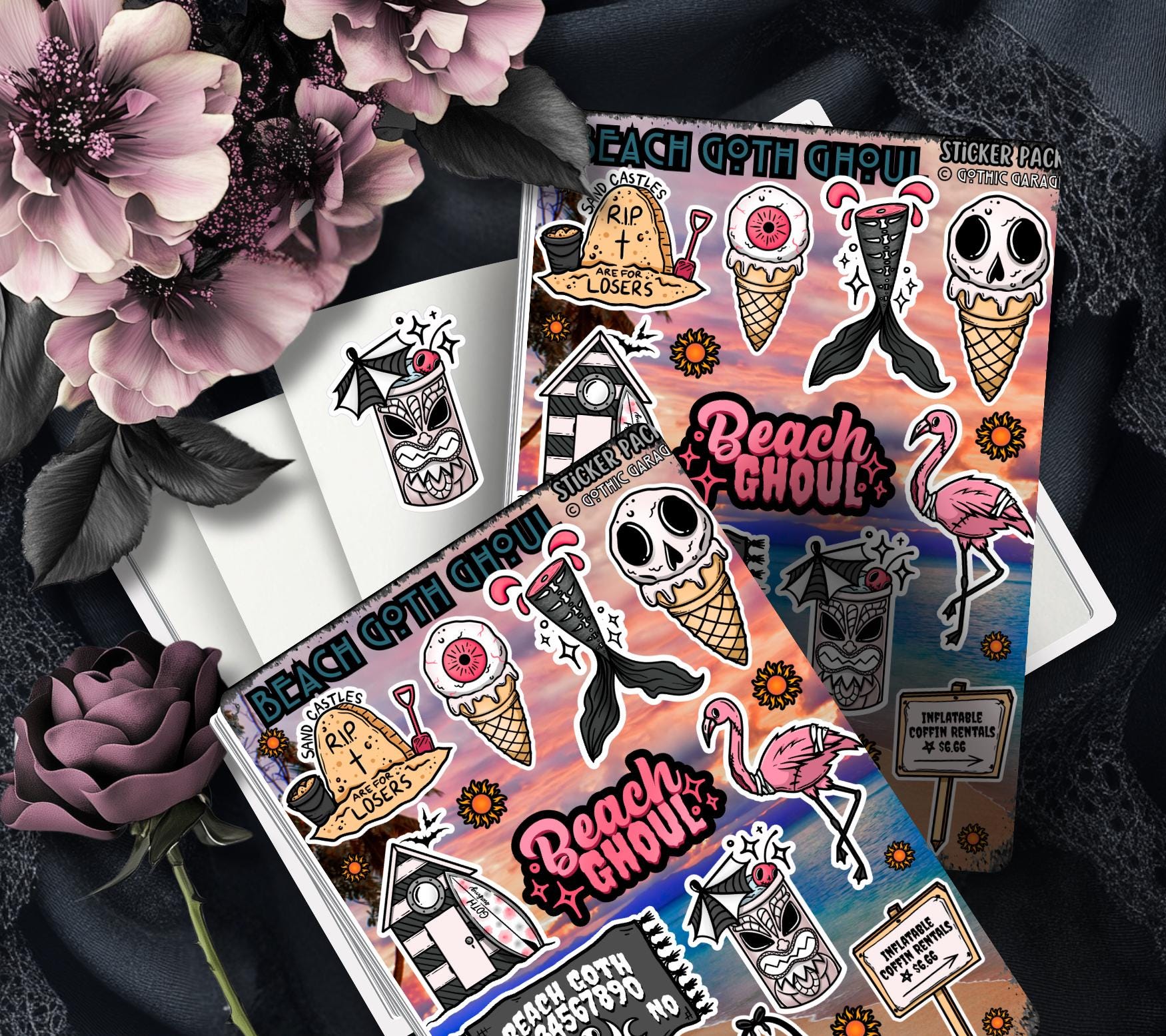 Beach Goth Ghoul Sticker Sheet – Where Spooky Meets Sunny - Perfect for Scrapbooking and Collecting