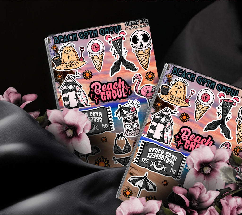 Beach Goth Ghoul Sticker Sheet – Where Spooky Meets Sunny - Perfect for Scrapbooking and Collecting