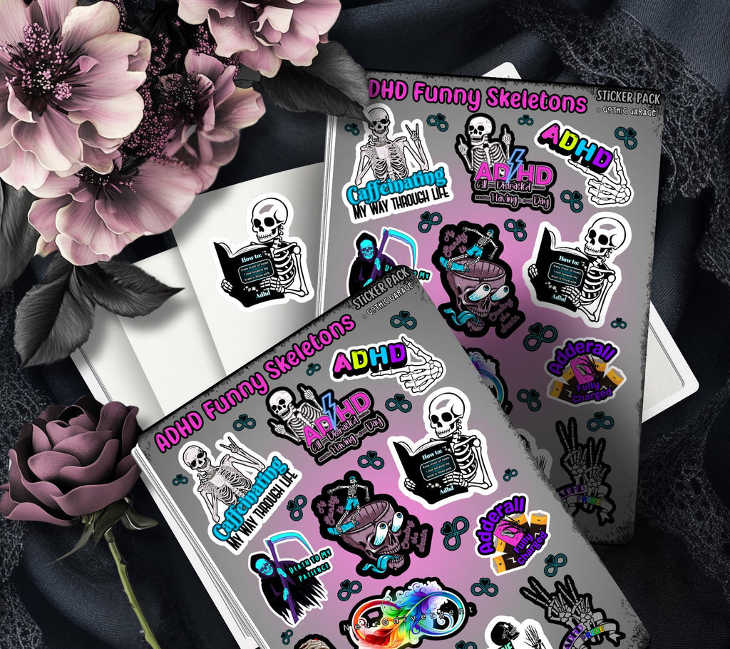 ADHD & Neurodivergent Funny Skeletons Sticker Sheet, Budget Friendly Gift for Friends, Collecting and Scrapbooking