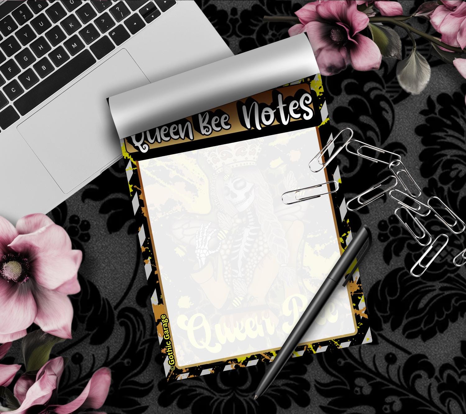 Queen Bee Skeleton Notepad – 50 Sheet Gothic Bee Tear-Off Pad for Dark Planners & Killer Task Lists