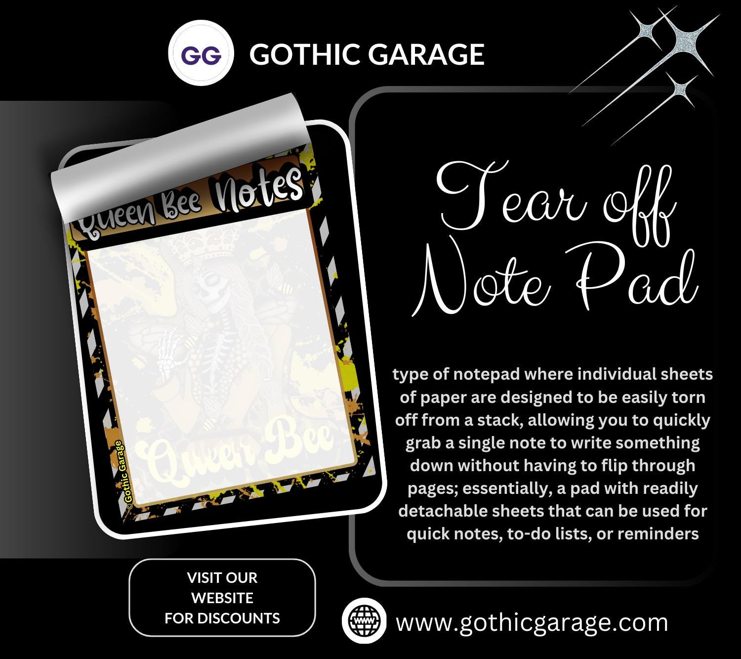 Queen Bee Skeleton Notepad – 50 Sheet Gothic Bee Tear-Off Pad for Dark Planners & Killer Task Lists