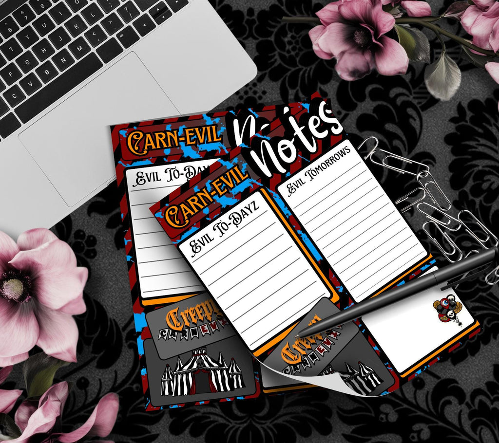 Carn-Evil Notes Tear-Off Notepad – 50 Sheets of Creepy Carnival-Themed To-Do Lists for Spooky Planners & Horror Fans