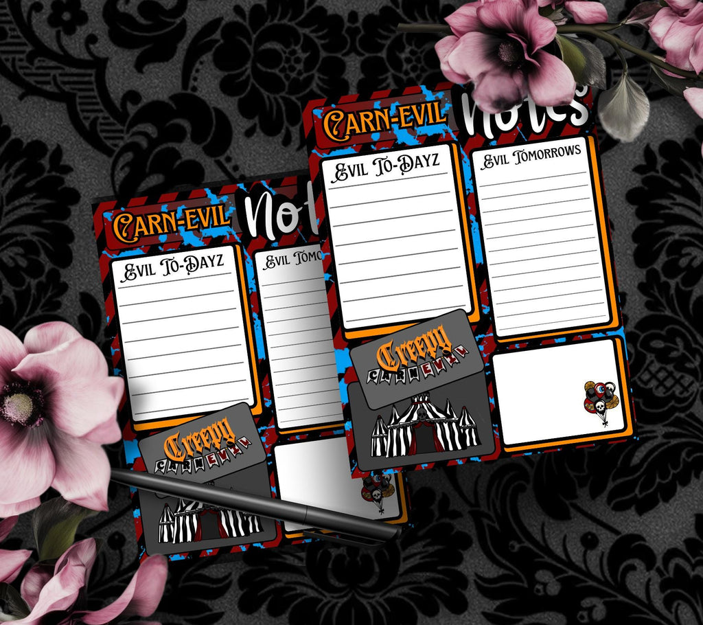 Carn-Evil Notes Tear-Off Notepad – 50 Sheets of Creepy Carnival-Themed To-Do Lists for Spooky Planners & Horror Fans