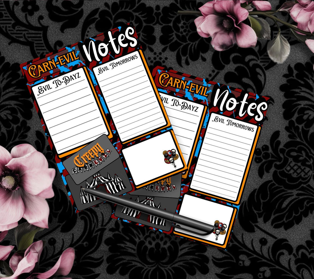 Carn-Evil Notes Tear-Off Notepad – 50 Sheets of Creepy Carnival-Themed To-Do Lists for Spooky Planners & Horror Fans