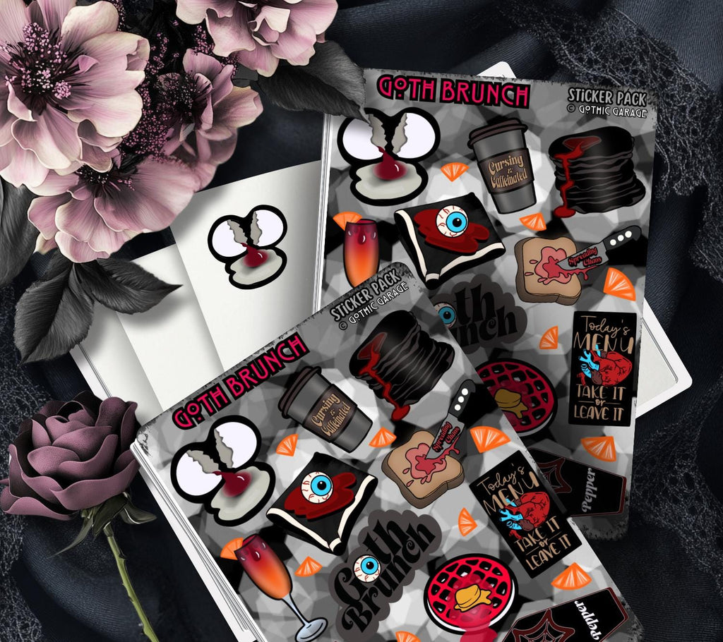 Goth Brunch Sticker Sheet – Caffeine, Chaos & Creepy Cuisine