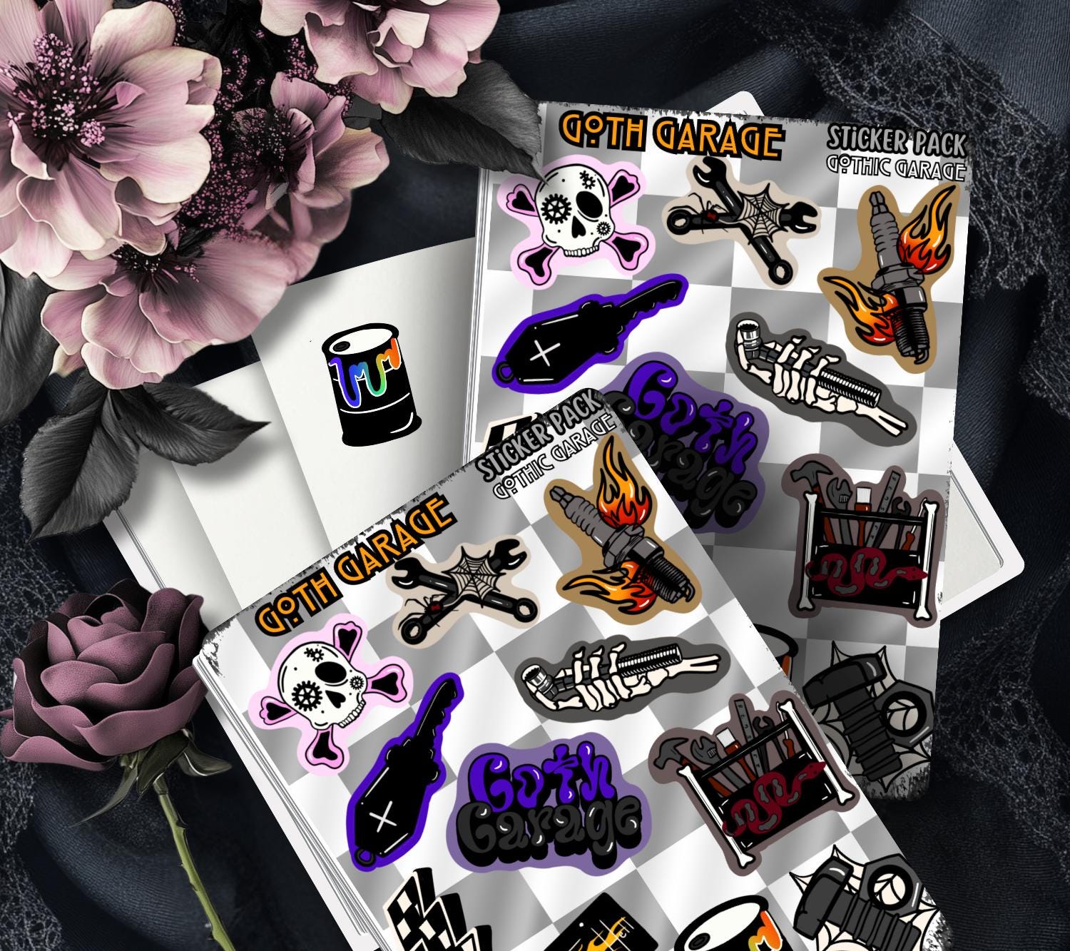 Goth Garage Sticker Sheet – Hot Rods, Hellfire & Hardcore Aesthetic