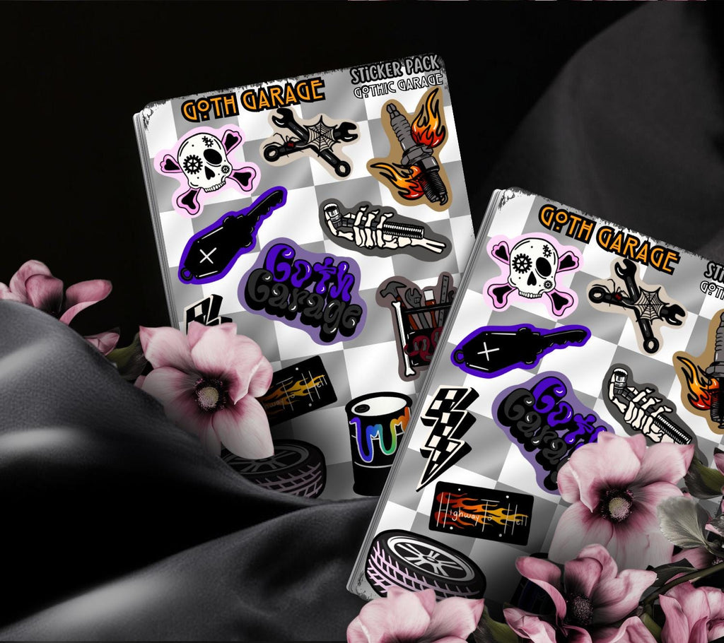 Goth Garage Sticker Sheet – Hot Rods, Hellfire & Hardcore Aesthetic