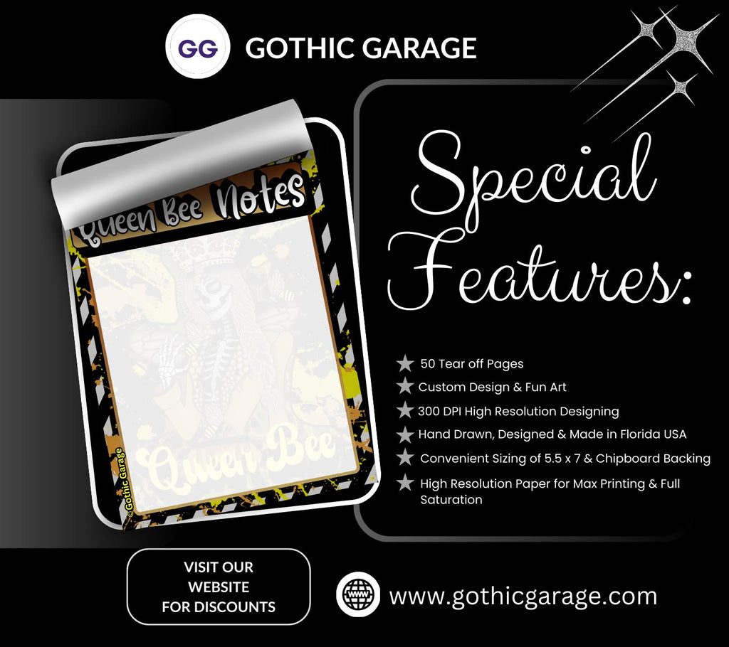 Queen Bee Skeleton Notepad – 50 Sheet Gothic Bee Tear-Off Pad for Dark Planners & Killer Task Lists