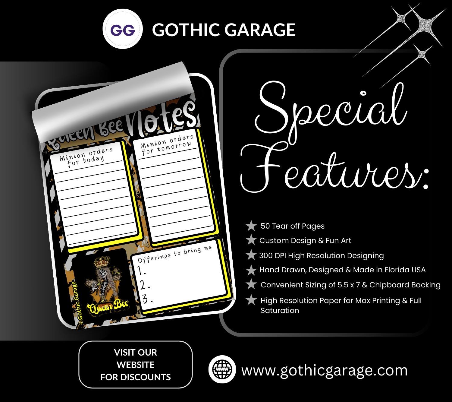 Queen Bee Command Center Tear-Off Notepad – 50 Sheets of Gothic Hive Boss Stationery for To-Do Lists & Daily Decrees