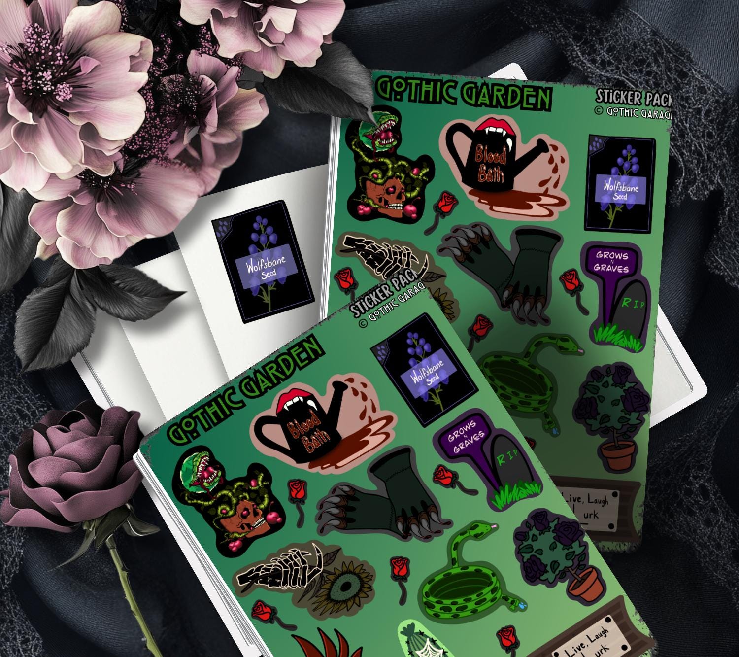 Gothic Garden Sticker Sheet – Where Creepy Blooms and Dead Things Grow