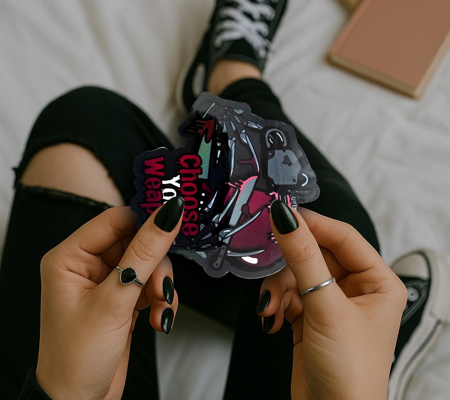 Horror Junkie Weapons, Waterproof Die Cut Sticker, Choose Between Glossy or Holographic, Perfect to Add Retro & Vintage Fun to any Surface