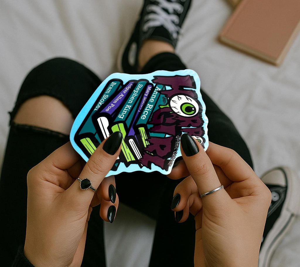 Horror Girl Book Lover Die Cut Waterproof Sticker—Because spooky gals read classics and creep it real!