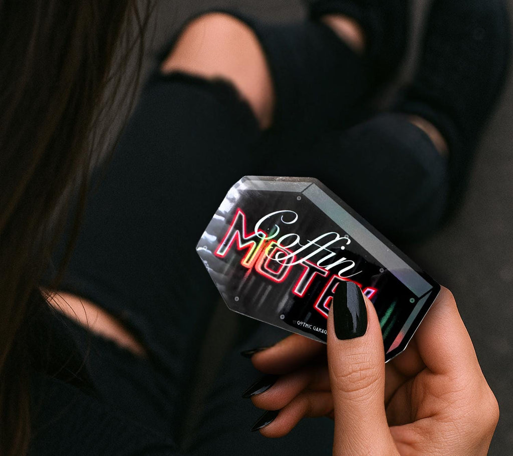 Neon Red Coffin Motel, Waterproof Die Cut Sticker, Choose Between Glossy or Holographic, Perfect to Add Scariness to any Surface