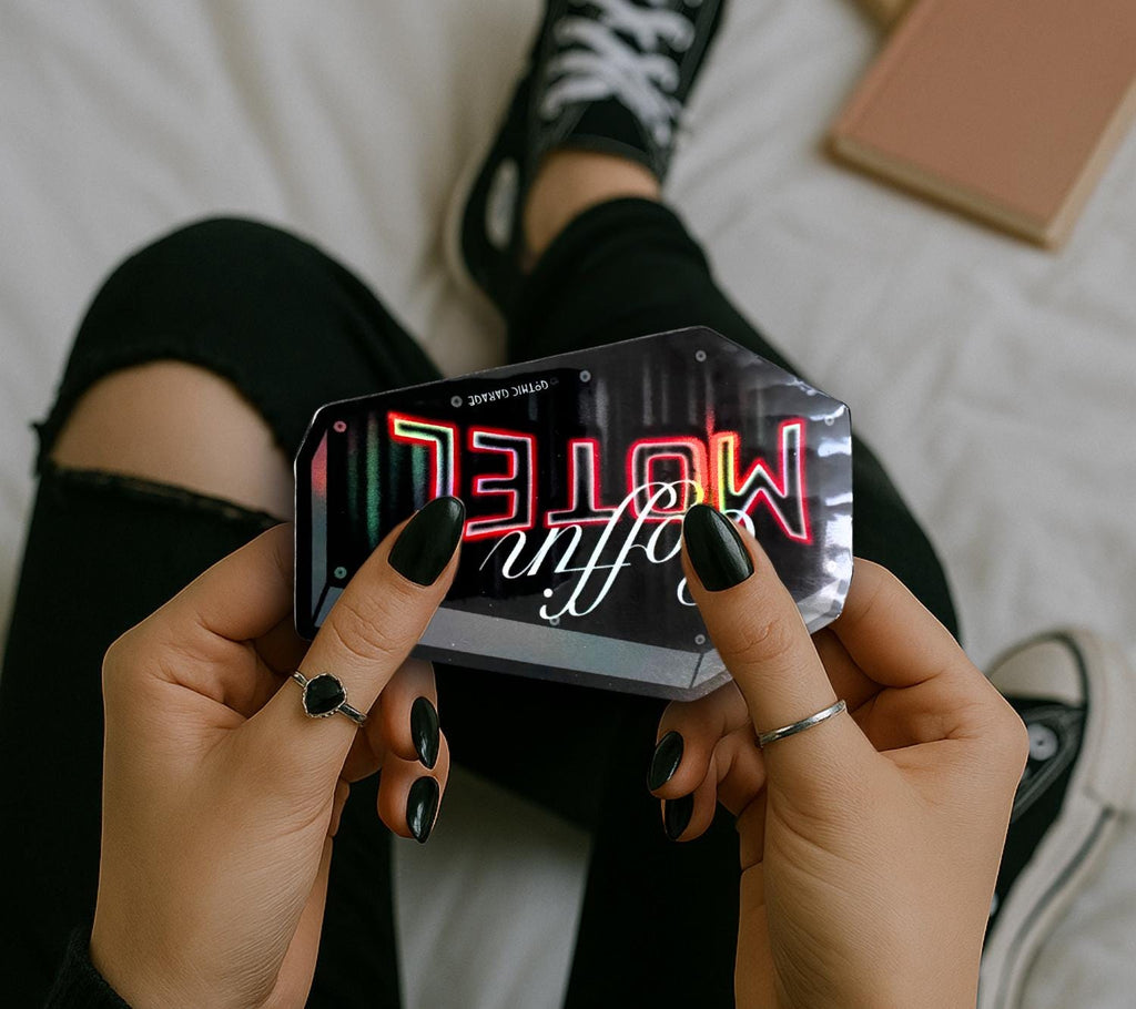 Neon Red Coffin Motel, Waterproof Die Cut Sticker, Choose Between Glossy or Holographic, Perfect to Add Scariness to any Surface