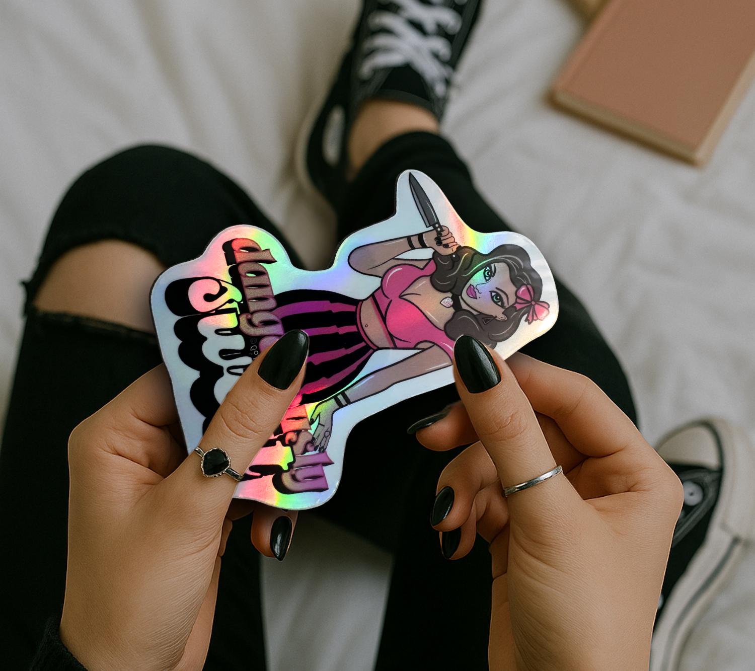 Dangerously Sweet Pin-Up Die Cut Waterproof Sticker— Retro Goth Femme Fatale, Choose Gloosy or Holographic to Fit the Perfect Killer Vibe