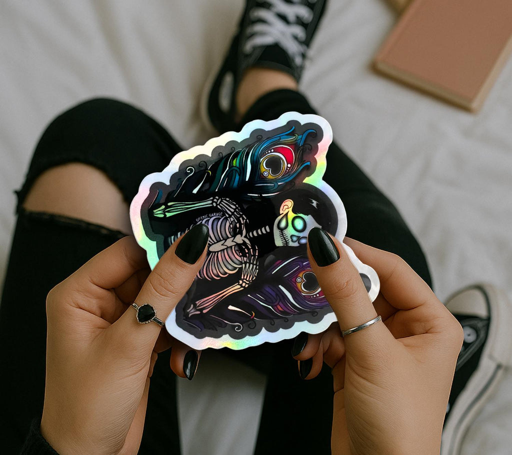 Skeleton Peacock Angel, Waterproof Die Cut Sticker, Choose Between Glossy or Holographic, Perfect to Add Fun to any Surface