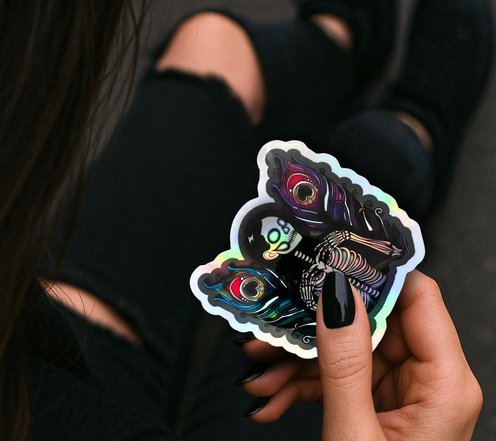 Skeleton Peacock Angel, Waterproof Die Cut Sticker, Choose Between Glossy or Holographic, Perfect to Add Fun to any Surface