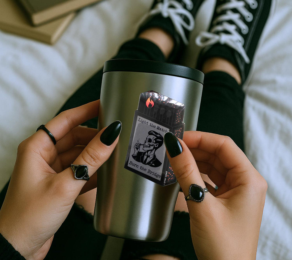 Burning Bridge Skeleton, Waterproof Die Cut Sticker, Choose Between Glossy or Holographic, Perfect to Add Fun to any Surface