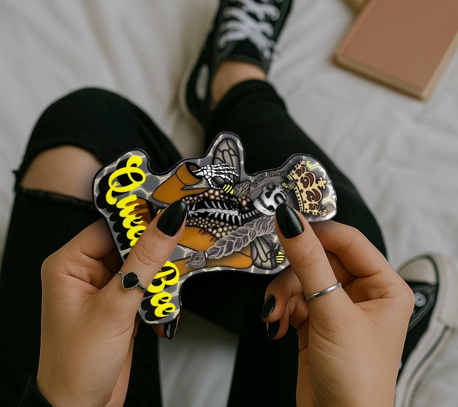 Gothic Queen Bee Skeleton Die Cut Waterproof Sticker— Goth royalty with a Sweet and Savage Side